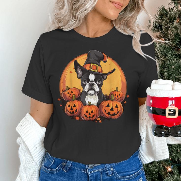 Boston Terrier Bostie Dog Breed Pet Halloween Pumpkins Women's T-Shirt, Boston Terrier Halloween Shirts, gift for family, gift for coworker