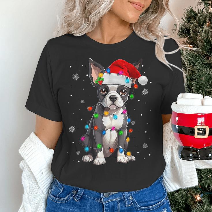 Boston Terrier Christmas Santa Hat Tree Lights Pajama Women's T-Shirt, Boston Terrier Christmas Shirts, gift for family, gift for coworker