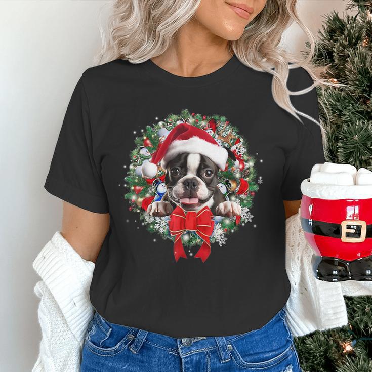 Boston Terrier Christmas Wreath Decoration Xmas Pajamas Women's T-Shirt, Boston Terrier Christmas Shirts, gift for family, gift for coworker
