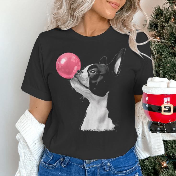 Boston Terrier Dog Blowing Chewing Bubble Gum Pink Women's T-Shirt, gift for family, gift for coworker