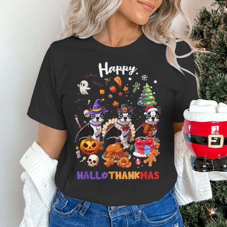 Boston Terrier Dog Christmas Happy Hallothankmas Halloween For Men Women Kids Women's T-Shirt, Boston Terrier Halloween Shirts, Boston Terrier Christmas Shirts, gift for family, gift for coworker