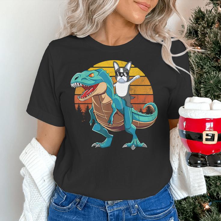 Boston Terrier Dog Riding Dinosaur T Rex Boys Women's T-Shirt, Boston Terrier Riding Shirts, gift for family, gift for coworker