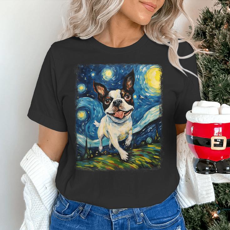 Boston Terrier Dog Starry Night Painting Women's T-Shirt, gift for family, gift for coworker