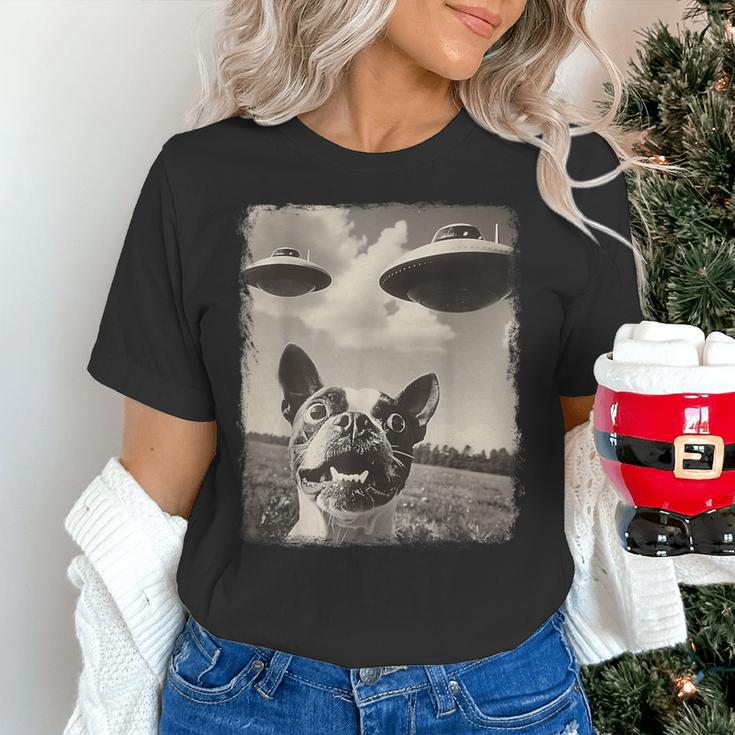 Boston Terrier Dog UFO Alien Extraterrestrial Selfie Women's T-Shirt, gift for family, gift for coworker