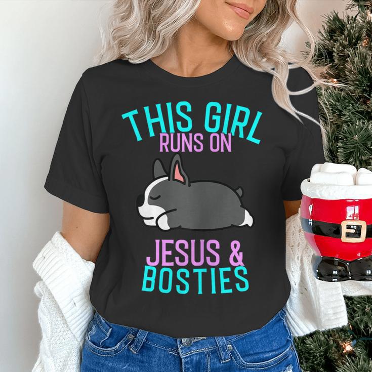 Boston Terrier This Girl Runs On Jesus And Boston Terriers Women's T-Shirt, gift for family, gift for coworker