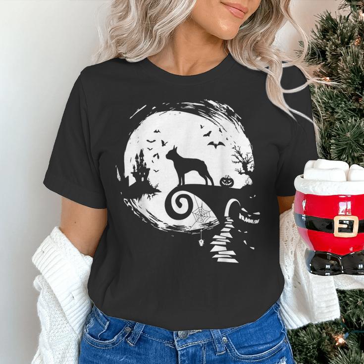 Boston Terrier And Moon Halloween Costume Dog Lover Women's T-Shirt, Boston Terrier Halloween Shirts, gift for family, gift for coworker