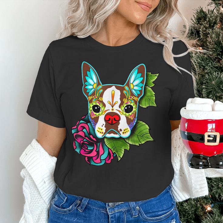 Boston Terrier In Red Day Of The Dead Sugar Skull Dog Women's T-Shirt, gift for family, gift for coworker