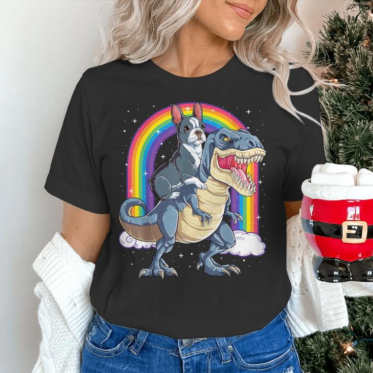 Boston Terrier Riding Dinosaur T-Rex Boys Kids Rainbow Women's T-Shirt, Boston Terrier Riding Shirts, gift for family, gift for coworker