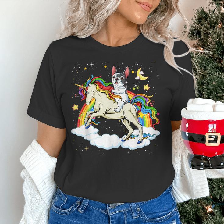 Boston Terrier Riding Unicorn Boys Girls Kids Rainbow Women's T-Shirt, Boston Terrier Riding Shirts, gift for family, gift for coworker