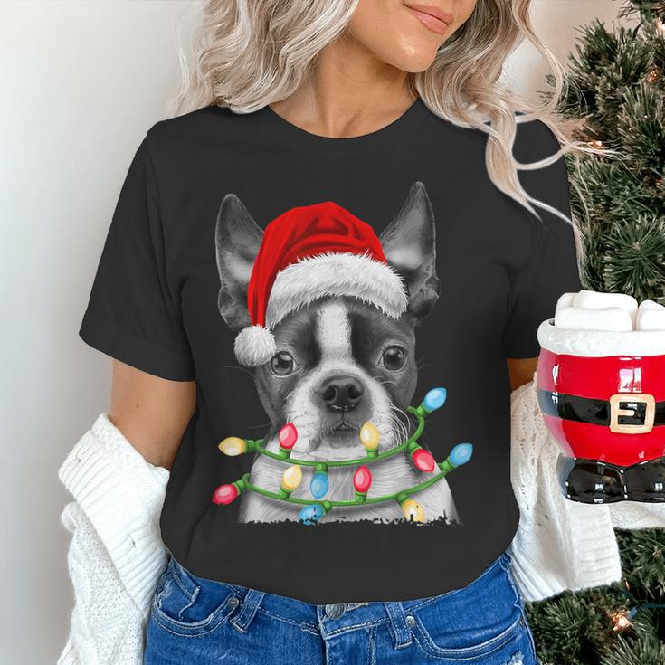 Boston Terrier Santa Christmas Tree Lights Xmas Boys Men Dog Women's T-Shirt, Boston Terrier Christmas Shirts, gift for family, gift for coworker