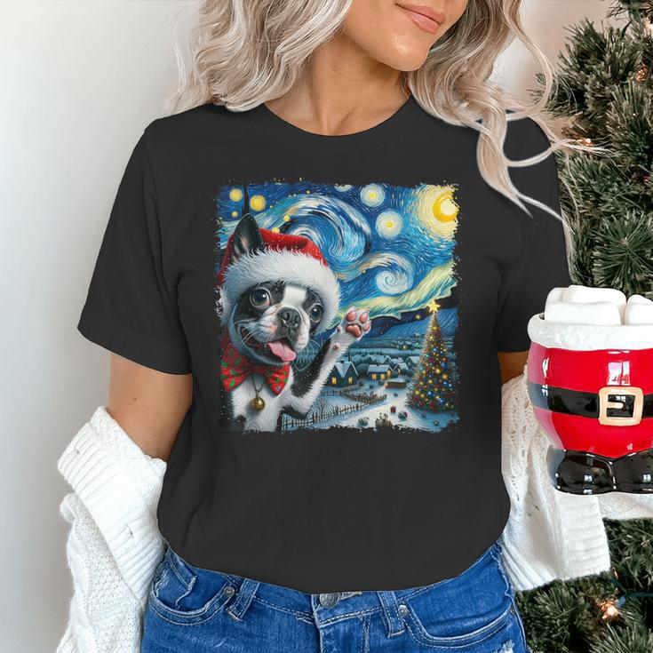 Boston Terrier Santa Starry Night Van Gogh Christmas Dog Men Women Kids Women's T-Shirt, Boston Terrier Christmas Shirts, gift for family, gift for coworker