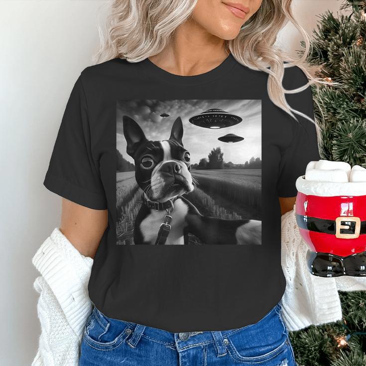 Boston Terrier Graphic Selfie With UFOs Weird Aliens Women's T-Shirt, gift for family, gift for coworker