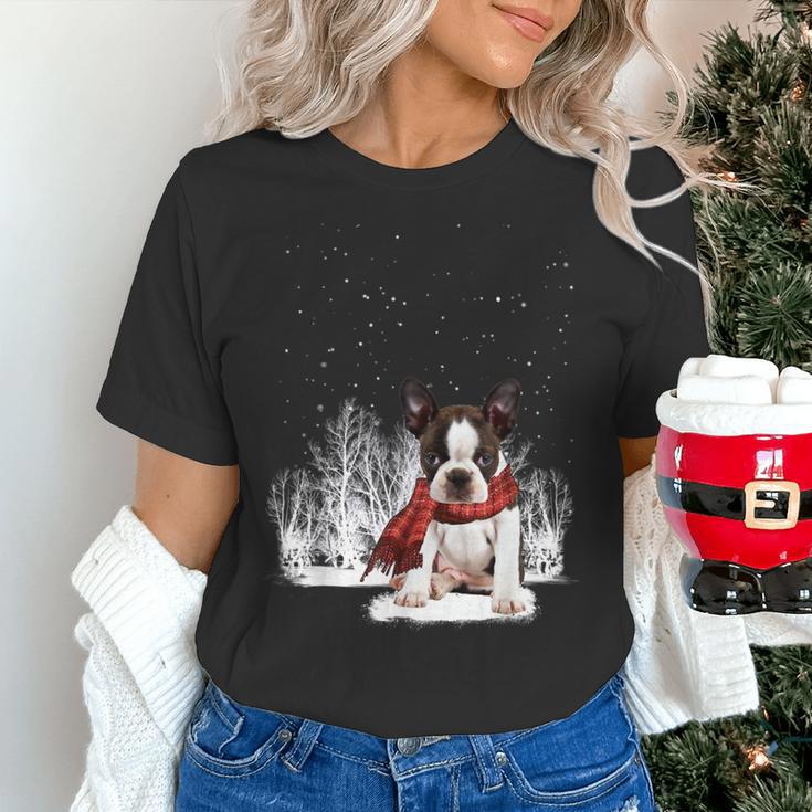 Boston Terrier In The Snow Merry Christmas Winter Women's T-Shirt, Boston Terrier Christmas Shirts, gift for family, gift for coworker