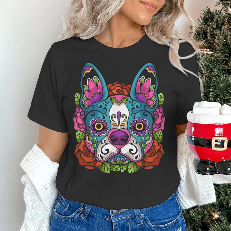 Boston Terrier Sugar Skull Dog Day Of The Dead Women's T-Shirt, gift for family, gift for coworker
