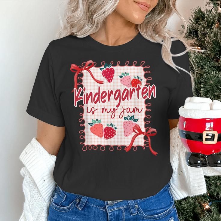 Bow Strawberry Kindergarten Is My Jam Teacher Kinder Team Women's T-Shirt, gift for family, gift for coworker