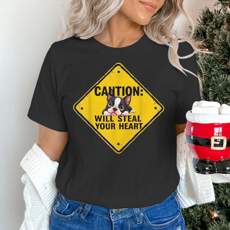Caution Sign Boston Terrier Dog Bostie Puppy Women's T-Shirt, gift for family, gift for coworker
