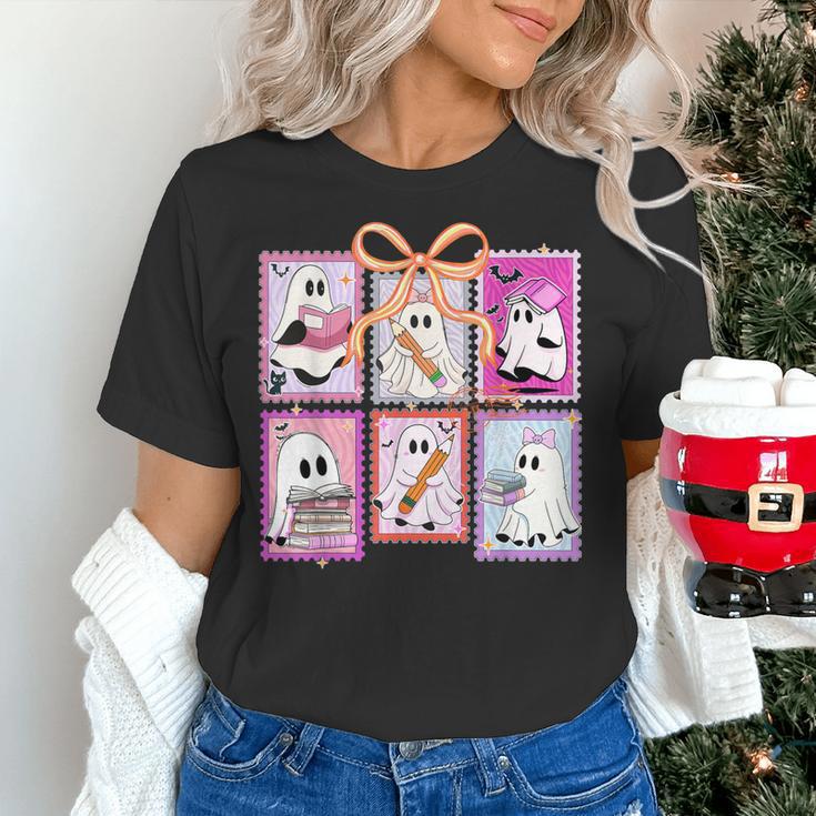 Coquette Bow Spooky Teacher Ghost Halloween Trick Or Teach Women's T-Shirt, gift for family, gift for coworker Coquette Bow Spooky Teacher Ghost Halloween Trick Or Teach Women's T-Shirt, gift for family, gift for coworker