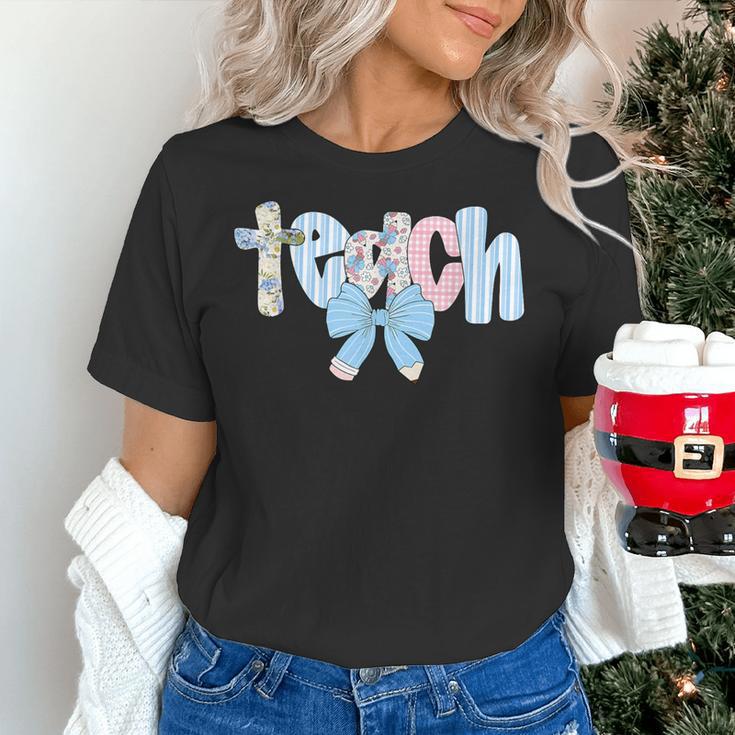 Coquette Bow Teach Teacher Happy First Day Back To School Women's T-Shirt, gift for family, gift for coworker Coquette Bow Teach Teacher Happy First Day Back To School Women's T-Shirt, gift for family, gift for coworker