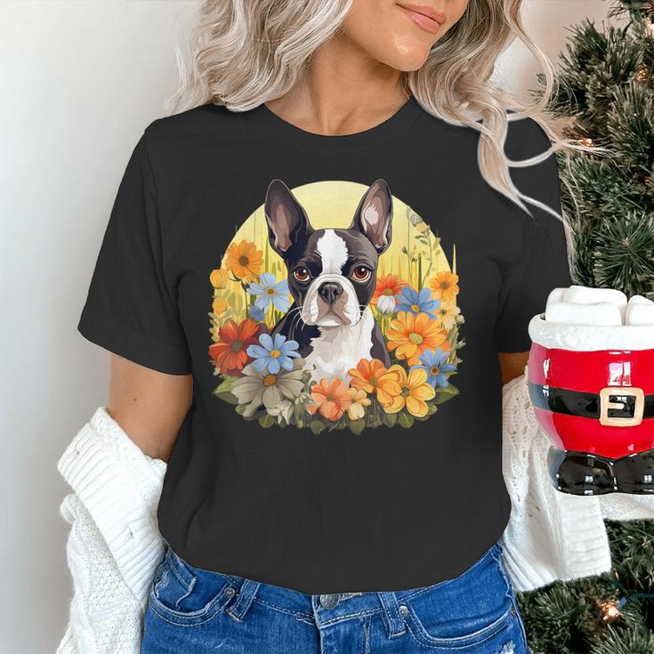 Cute Boston Terrier Spring Flower Garden Colorful Puppy Dog Women's T-Shirt, gift for family, gift for coworker