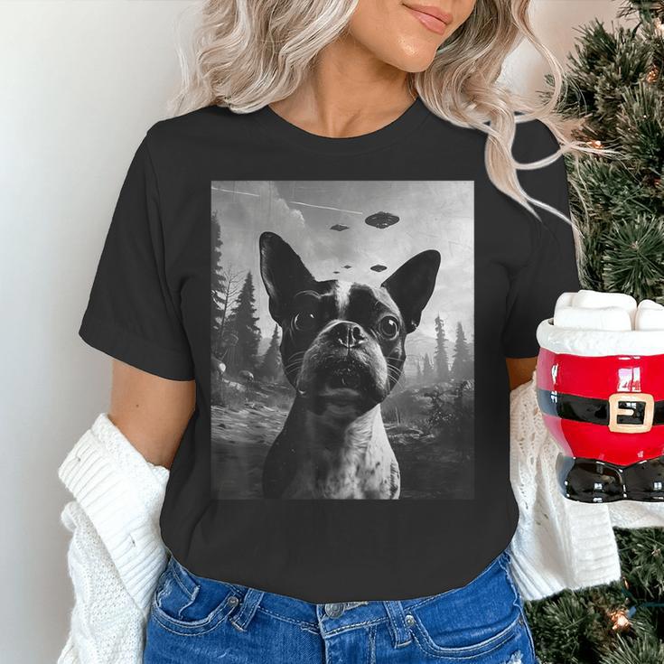 Dog Mom Dad Alien Selfie Boston Terrier UFO For Men Women Women's T-Shirt, Boston Terrier Dad Shirts, Boston Terrier Mom Shirts, gift for family, gift for coworker