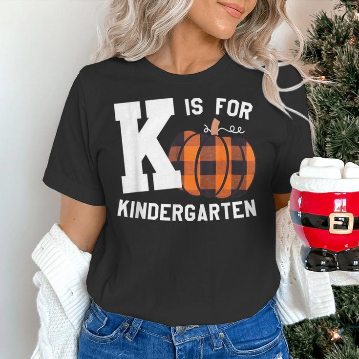 Fall Kindergarten Teacher K Is For Buffalo Plaid Pumpkin Women's T-Shirt, gift for family, gift for coworker Fall Kindergarten Teacher K Is For Buffalo Plaid Pumpkin Women's T-Shirt, gift for family, gift for coworker