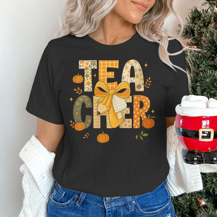 Fall Teacher Pumpkin Coquette Bow Autumn Classroom Women's T-Shirt, gift for family, gift for coworker