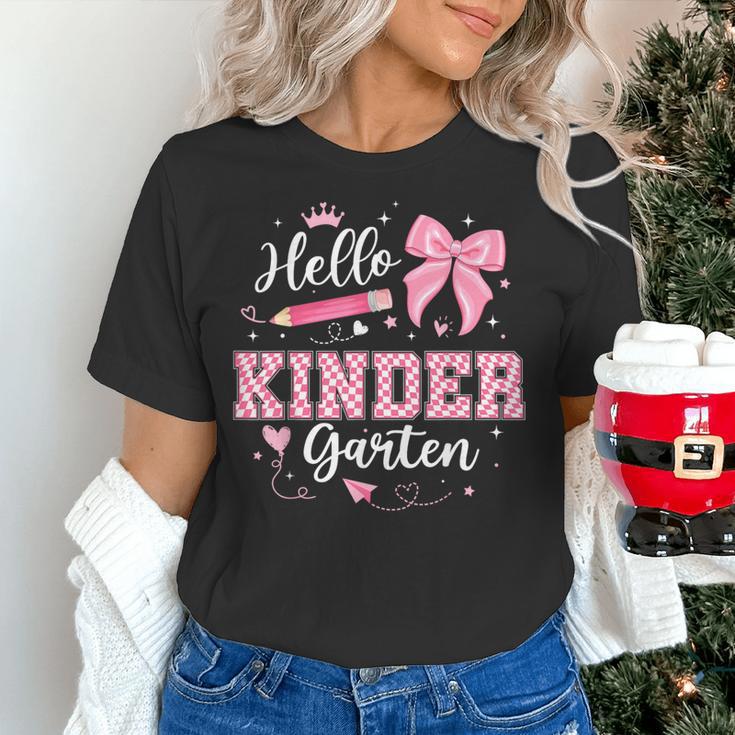 First Day Of School Teacher Girl Coquette Hello Kindergarten Women's T-Shirt, gift for family, gift for coworker First Day Of School Teacher Girl Coquette Hello Kindergarten Women's T-Shirt, gift for family, gift for coworker