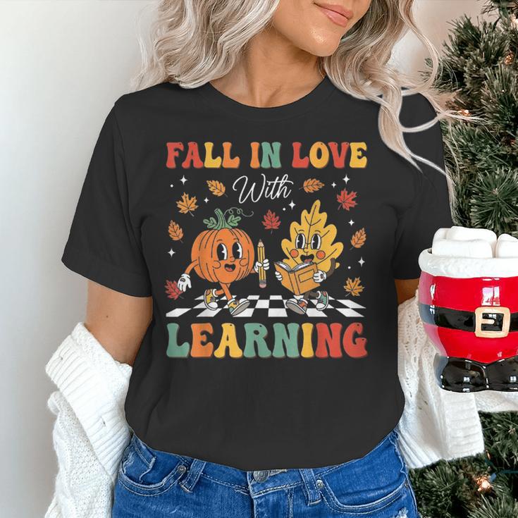 Groovy Fall In Love With Learning Autumn Pumpkin Teacher Women's T-Shirt, Groovy Teacher Shirts, gift for family, gift for coworker Groovy Fall In Love With Learning Autumn Pumpkin Teacher Women's T-Shirt, Groovy Teacher Shirts, gift for family, gift for coworker