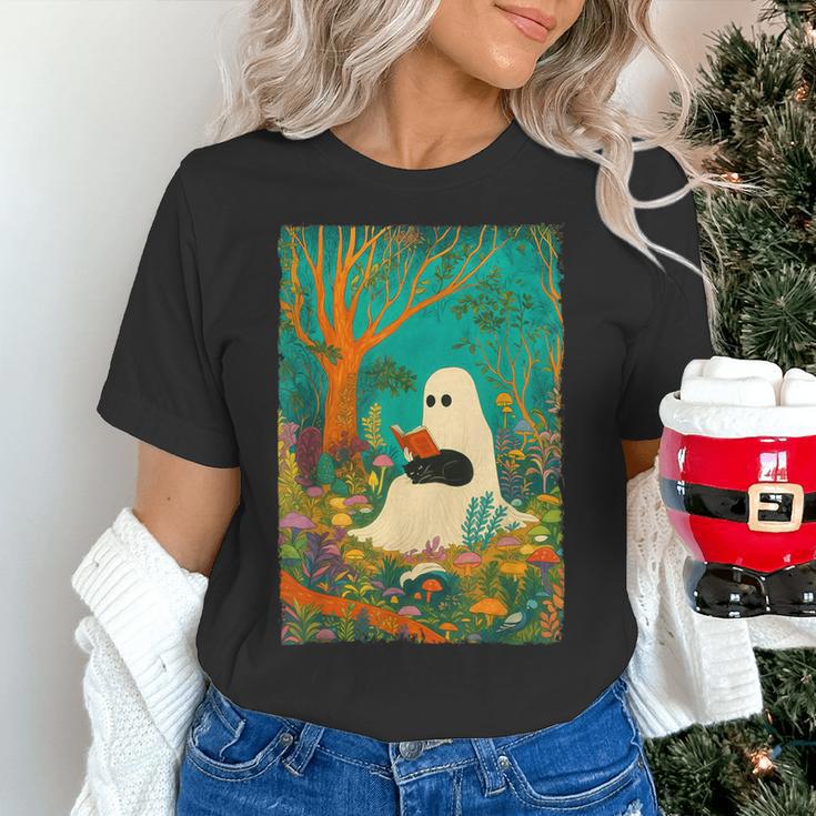 Groovy Ghost Reading Book Cat Halloween Ghost Teacher Women's T-Shirt, Groovy Teacher Shirts, gift for family, gift for coworker
