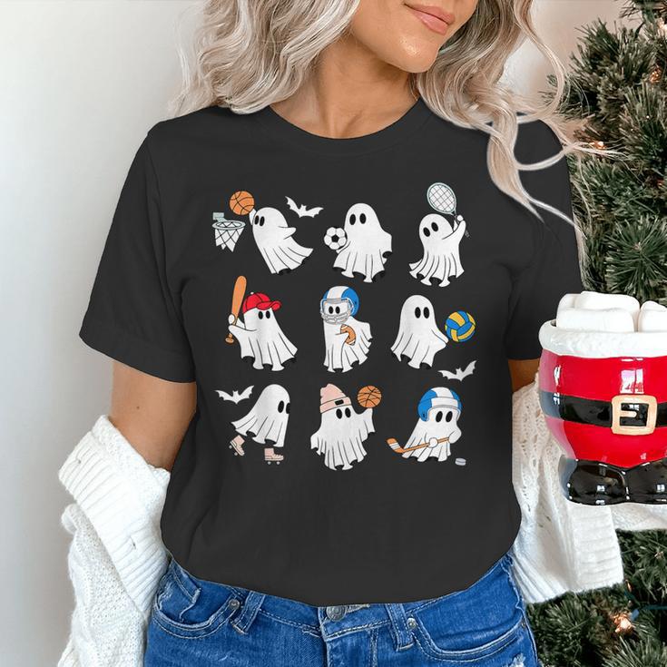 Halloween PE Teacher Ghost Playing Soccer Football Baseball Women's T-Shirt, Pe Teacher Shirts, gift for family, gift for coworker