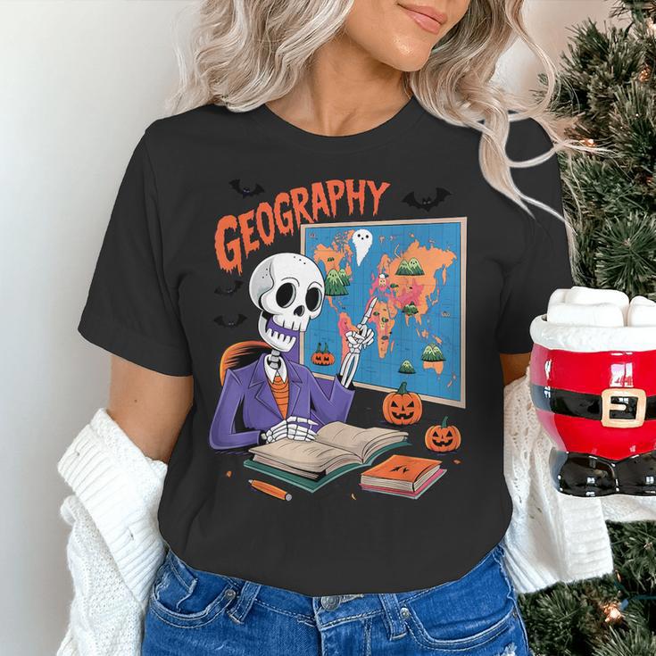 Halloween Skeleton Geography Teacher Pumpkin Bats Classroom Women's T-Shirt, gift for family, gift for coworker Halloween Skeleton Geography Teacher Pumpkin Bats Classroom Women's T-Shirt, gift for family, gift for coworker