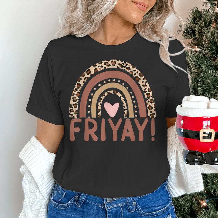 Happy Fri-Yay Friday Lovers Fun Teacher Leopard Rainbow Men Women Girls Kids Women's T-Shirt, gift for family, gift for coworker