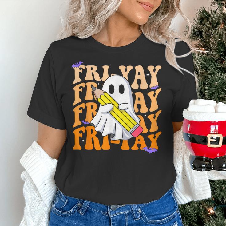 Happy Fri-Yay Friday Lovers Groovy Teacher Life Halloween Women's T-Shirt, Groovy Teacher Shirts, gift for family, gift for coworker