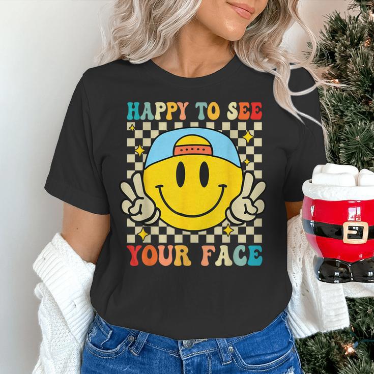 Happy To See Your Face Hippie Smile Back To School Teachers Women's T-Shirt, gift for family, gift for coworker Happy To See Your Face Hippie Smile Back To School Teachers Women's T-Shirt, gift for family, gift for coworker
