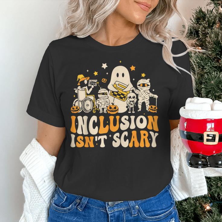 Inclusion Isn't Scary Mummy Boo Ghost Halloween SLP Teacher Women's T-Shirt, gift for family, gift for coworker Inclusion Isn't Scary Mummy Boo Ghost Halloween SLP Teacher Women's T-Shirt, gift for family, gift for coworker