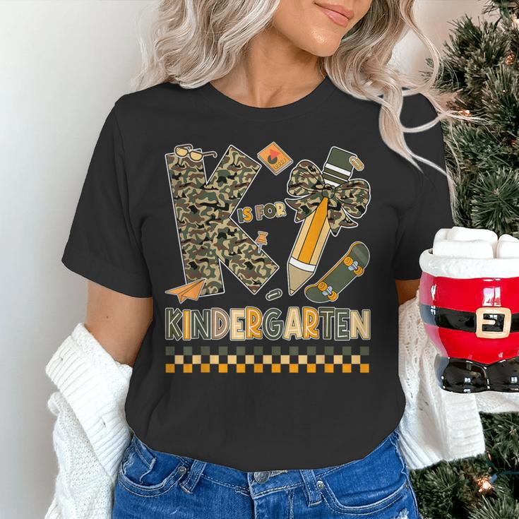 K Is For Kindergarten Teacher Coquette Bow Camo Women's T-Shirt, gift for family, gift for coworker K Is For Kindergarten Teacher Coquette Bow Camo Women's T-Shirt, gift for family, gift for coworker