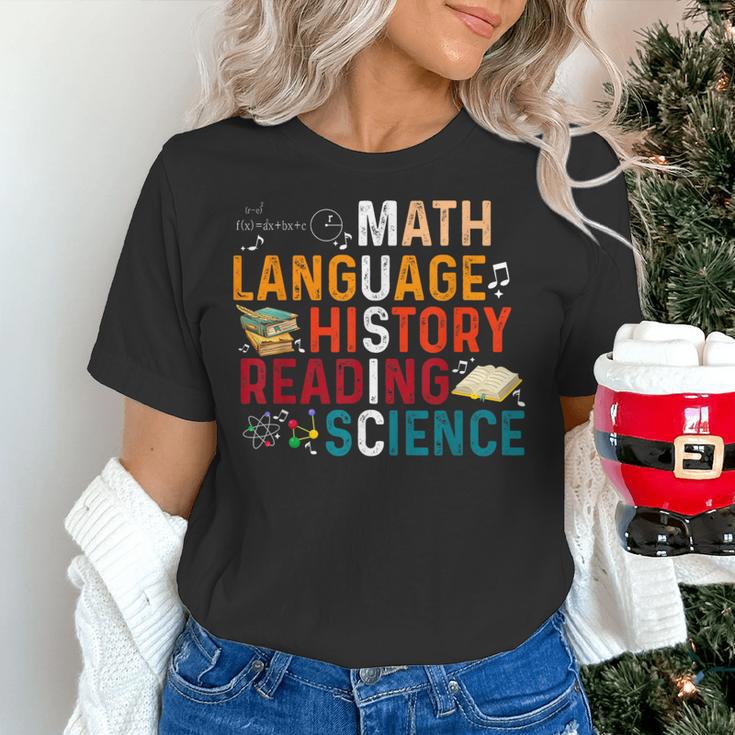 Math Language History Reading Science Music Teacher Women's T-Shirt, Science Teacher Shirts, History Teacher Shirts, gift for family, gift for coworker