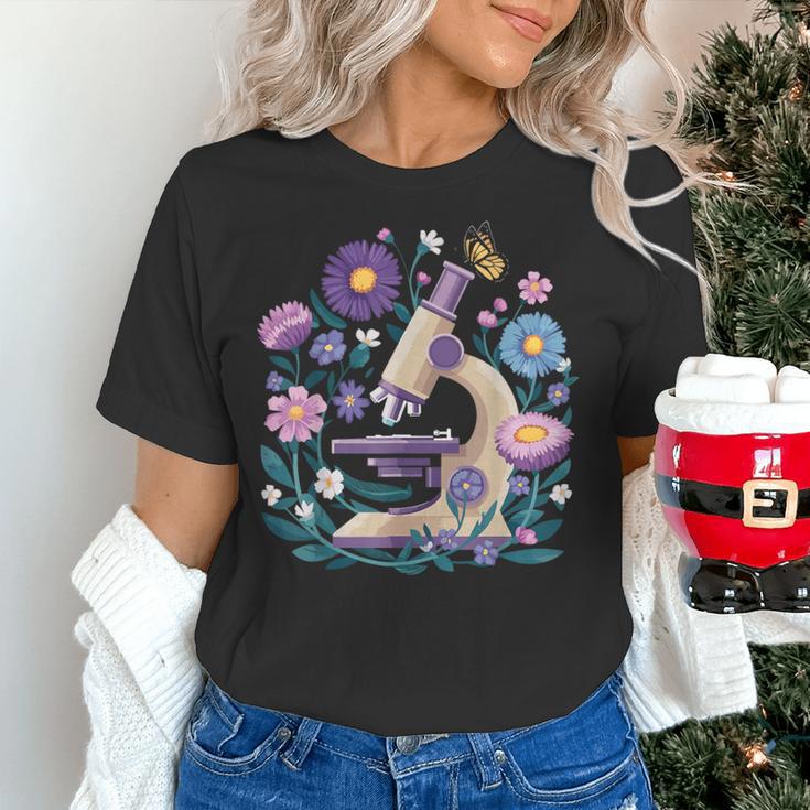 Microscope Flower Butterfly Biology Science Teacher Student Women's T-Shirt, Science Teacher Shirts, gift for family, gift for coworker