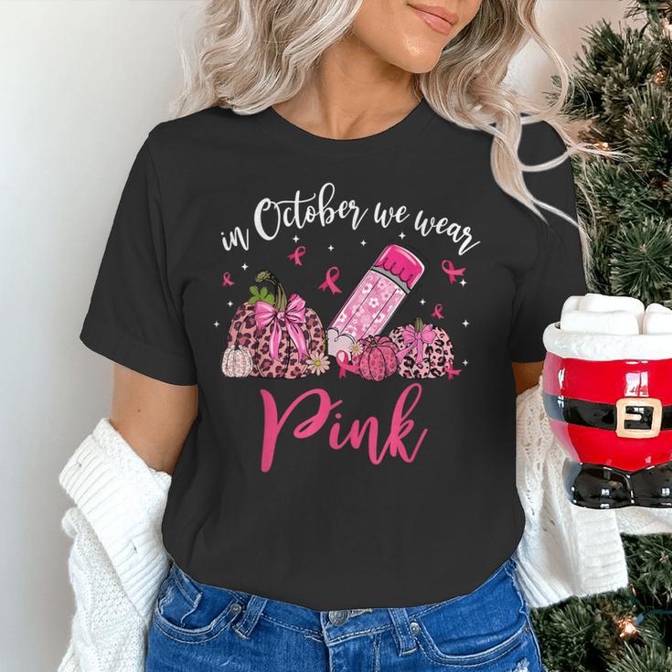In October We Wear Pink Apple Teacher Daisy Breast Cancer Women's T-Shirt, gift for family, gift for coworker