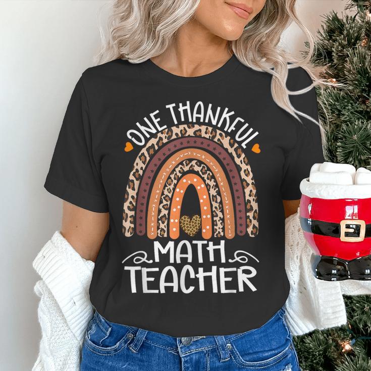 One Thankful Math Teacher Leopard Rainbow Thanksgiving Women's T-Shirt, gift for family, gift for coworker