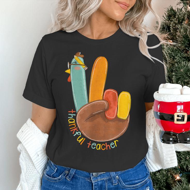 One Thankful Teacher Thanksgiving Turkey Peace Hand Sign Women's T-Shirt, gift for family, gift for coworker One Thankful Teacher Thanksgiving Turkey Peace Hand Sign Women's T-Shirt, gift for family, gift for coworker