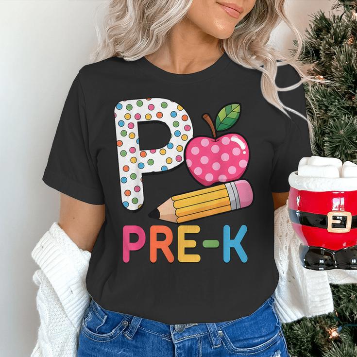 P Is For Pre K Teacher Student Pencil Apple Back To School Women's T-Shirt, gift for family, gift for coworker P Is For Pre K Teacher Student Pencil Apple Back To School Women's T-Shirt, gift for family, gift for coworker