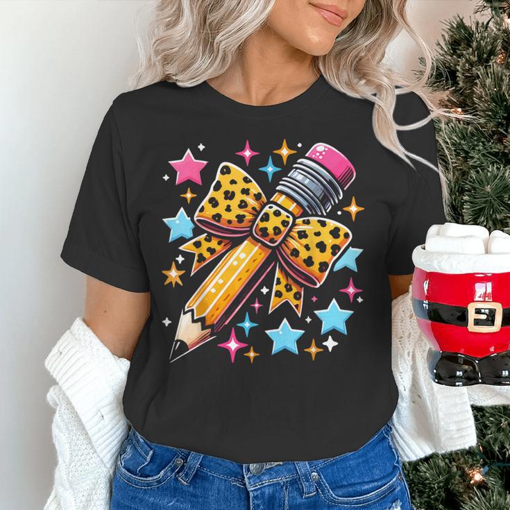 Pencil Leopard Coquette Bow Teacher Life Back To School Women's T-Shirt, gift for family, gift for coworker Pencil Leopard Coquette Bow Teacher Life Back To School Women's T-Shirt, gift for family, gift for coworker