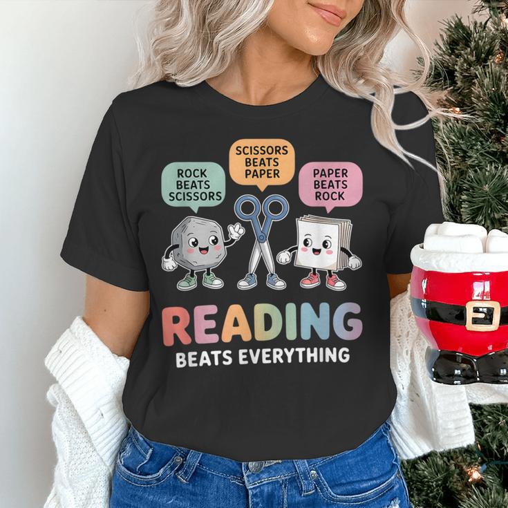 Reading Beats Everything Teacher Rock Paper Scissors Women's T-Shirt, gift for family, gift for coworker