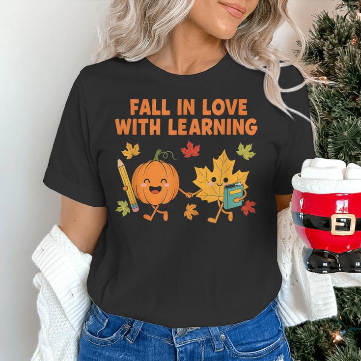 Retro Fall In Love With Learning Autumn Pumpkin Teacher Women's T-Shirt, gift for family, gift for coworker