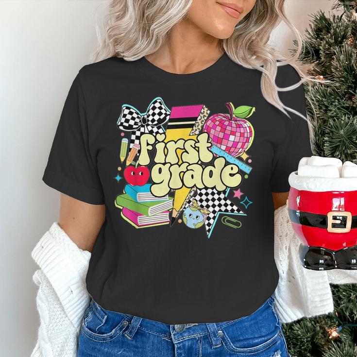 Retro First Grade Teacher Disco Ball Coquette Back To School Women's T-Shirt, First Grade Teacher Shirts, gift for family, gift for coworker Retro First Grade Teacher Disco Ball Coquette Back To School Women's T-Shirt, First Grade Teacher Shirts, gift for family, gift for coworker
