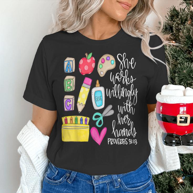 She Works Willingly With Her Hands Proverbs Daycare Teacher Men Women Women's T-Shirt, gift for family, gift for coworker She Works Willingly With Her Hands Proverbs Daycare Teacher Men Women Women's T-Shirt, gift for family, gift for coworker