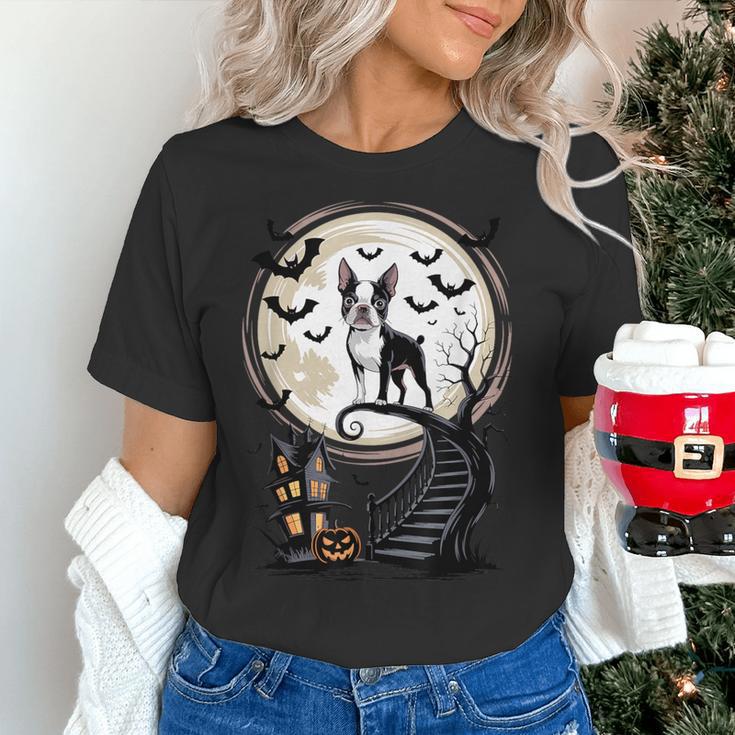 Spooky Halloween Moon Boston Terrier Boston Bull Bostie Women's T-Shirt, Boston Terrier Halloween Shirts, gift for family, gift for coworker
