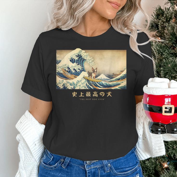 Surfing Boston Terrier Kanagawa Wave Japanese Dog For Men Women Kids Women's T-Shirt, gift for family, gift for coworker