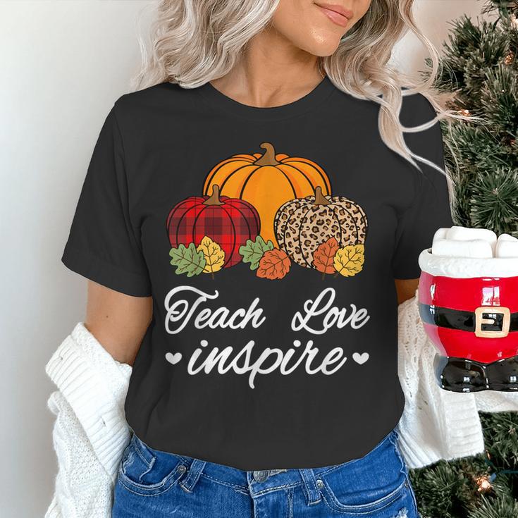Teach Love Inspire Autumn Fall Plaid Leopard Pumpkin Teacher For Men Women Kids Women's T-Shirt, gift for family, gift for coworker